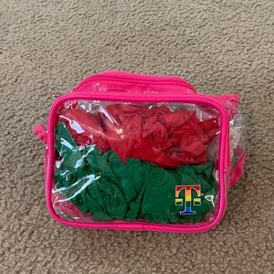 Clear Fanny pack with pink trim and rainbow strap